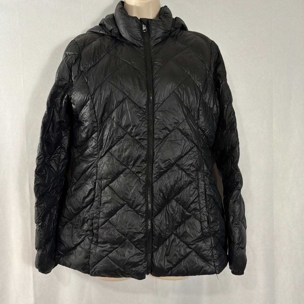 London Fog Puffer Jacket Light Weight Packable Down Hooded Black Womens Size S